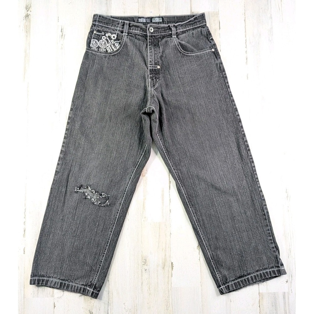 VTG Y2K Southpole Jeans Mens Fits 34x29 Black Gray Embroidered Distressed Baggy*